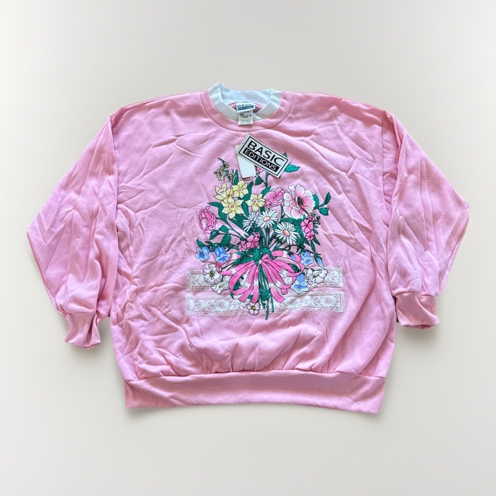 Vintage Basic Editions Sweatshirt Women's L Cottagecore Granny Flowers 90s